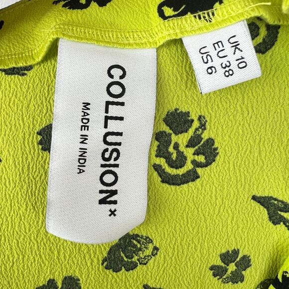 Collusion Yellow Black 6 Lace Up Side Top Ditsy Print Ribbed V-Neck Short Sleeve - Picture 7 of 8